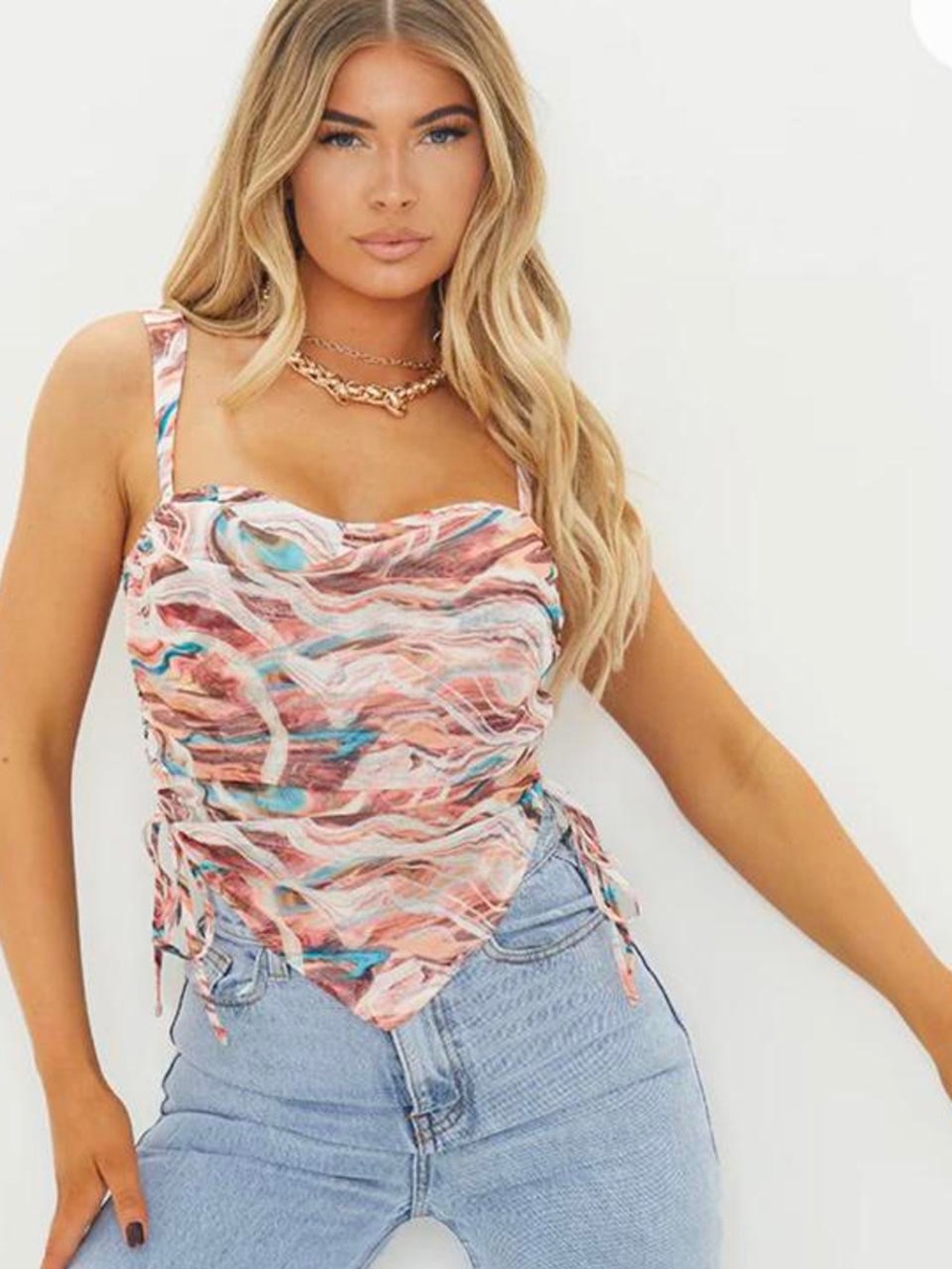 PrettyLittleThing Women’s Multicolor Marble Print Handkerchief Hem Top - 12 L